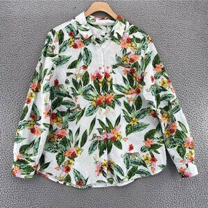 Charter Club Shirt Womens Medium Green Floral Linen Blend Button Roll Tab Sleeve